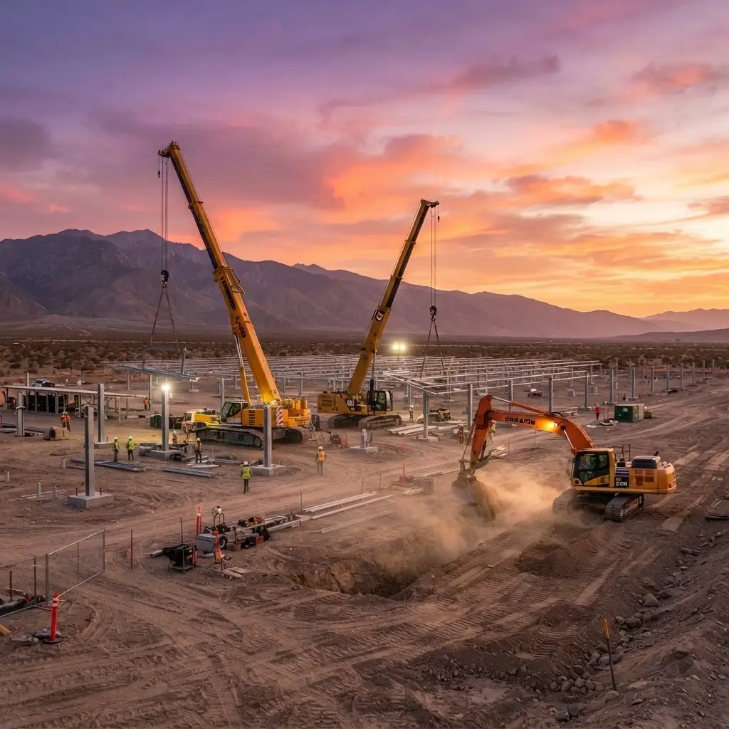 Cranes and crew on an active energy construction site at dusk
