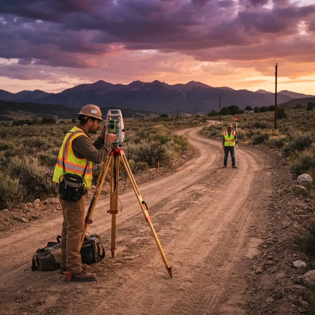 Surveyor working on a dirt access road